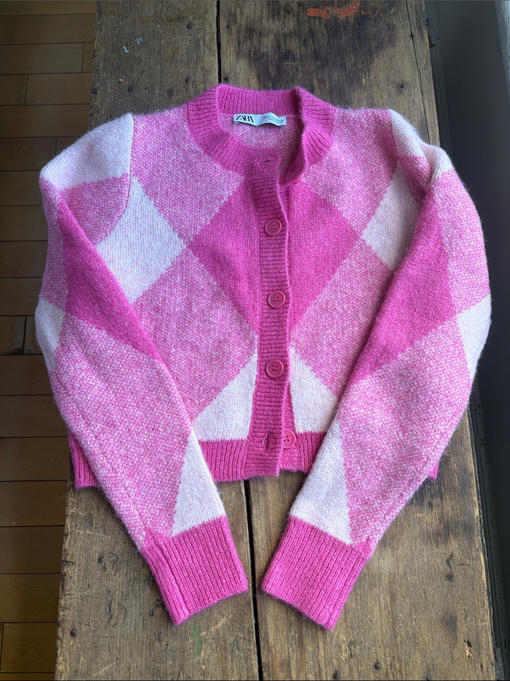 Zara Pink and Light Pink Argyle Button-Front Cardigan